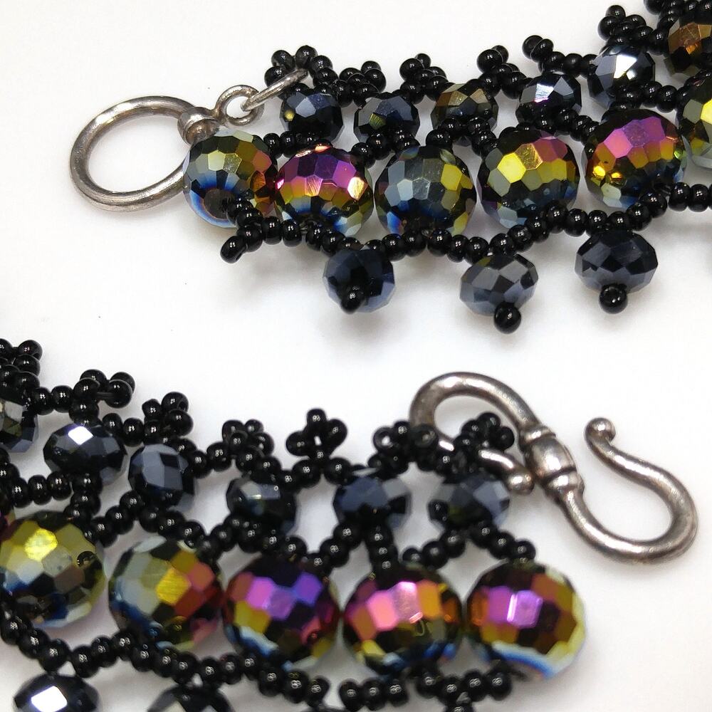 Handmade Czech Fire Polished Beaded Collar Necklace Black Seed Beads 16" - Picture 5 of 10